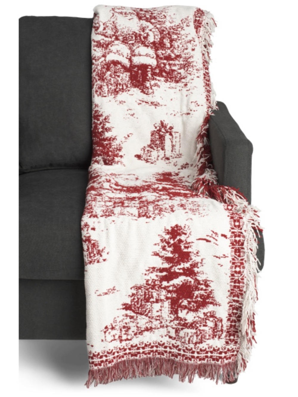 Aspen Holiday Toile Red and White Fringe Throw Blanket